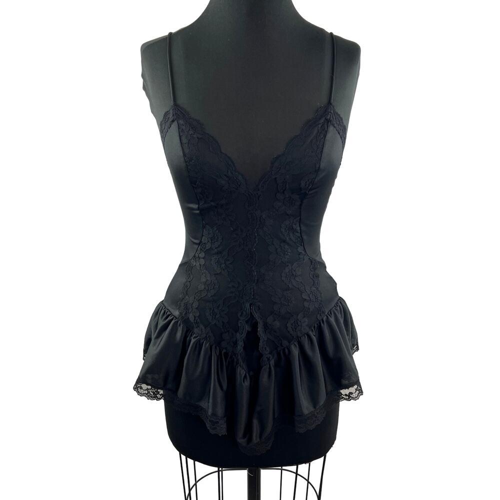 Vintage Sleep Cami Dress Black Satin Floral V-Neck Spaghetti Strap Ruffle Hem